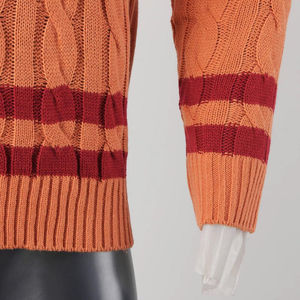 Orange Knitted <b>V</b>-<b>Neck</b> <b>Sweater</b> Full Sleeve Cable Pattern Autumn Pullover Regular Fit Striped Trim Acrylic Material - Product Image 4