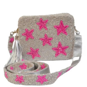 Bolso de hombro cuadrado de lona con cuentas de semillas y diseño de estrella, de moda, con correa desmontable y cierre de cremallera, para mujer, ideal para la noche. - Product Image 1