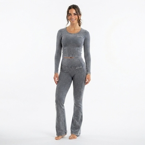 Women Gray Acid Wash Yoga <b>Set</b> <b>Long</b> <b>Sleeve</b> Crop Top High Waist Flare Leggings <b>Gym</b> Fitness Workout Activewear - Product Image 3