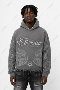 Sweat-shirt à capuche gris vieilli personnalisé avec strass pour homme, style streetwear, logo personnalisé, impression graphique et manches ornées - Product Image 4