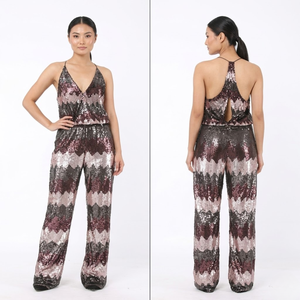 Women’s Sequin Halter Neck <b>Jumpsuit</b> | <b>Sparkly</b> Party Romper, Sleeveless V-Neck, Wide Leg | Cocktail Clubwear Elegant Playsuit - Product Image 1