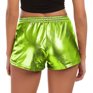 Shorts métalliques vert lime néon pour femmes, élastiques, à cordon de serrage, avec poche latérale, shorts en satin brillant effet miroir - Product Image 2