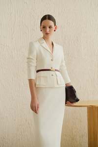 Conjunto de Traje de Falda Larga de Lana Crema para Mujer, Blazer con Cuello en V, Botón Único, Manga 3/4, Antiarrugas, Traje de Oficina para Negocios - Product Image 1