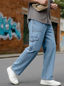 Jean en denim bleu clair coupe slim personnalisé pour homme – Pantalon droit élégant et extensible, respirant pour l'hiver, l'automne et l'été, idéal pour le style urbain - Product Image 2