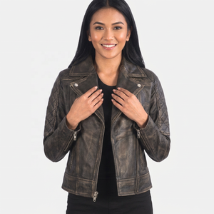 Chaqueta de Cuero Vintage para Mujer, Estilo Motero Retro, con Mangas Acolchadas, Solapa con Muescas, Cierre Frontal, Chaqueta de Cuero de Estilo Urbano - Product Image 1