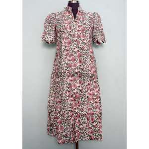 Vestido Midi Vintage para Mujer, Corte en A, Cuello en V, Manga Corta, 100% Algodón, Tejido de Punto, Estampado Floral, Transpirable, Cómodo, para Oficina, Verano - Product Image 1