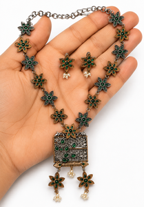 Vintage Antique Gold Plated Brass Bezel Setting Two Tone Flower Zircon Necklace Earring Set Women's <b>Wedding</b> Anniversary - Product Image 4