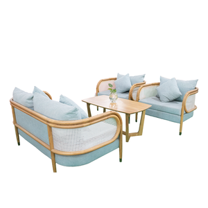 Ensemble de canapés de jardin certifié en chêne et teck avec structure en rotin, coussins bleus, mobilier d'extérieur, origine Vietnam, marque OEM, moderne - Product Image 3