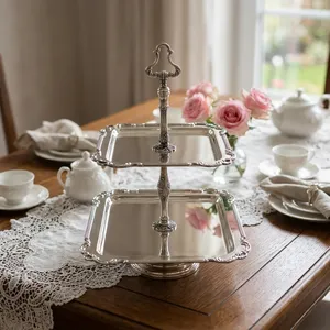 Plateau de service à 2 niveaux en argent de luxe, support à gâteau élégant en métal, plateau de présentation de desserts pour fête de thé, mariage, décoration de la maison - Product Image 4