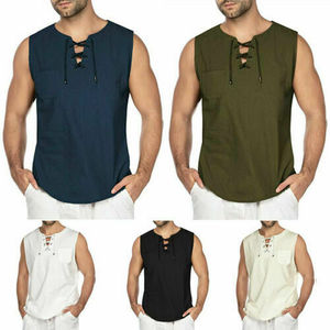 Camisetas sin mangas de lino y algodón de alta calidad para hombre, estilo casual, color liso, con cordones, chaleco sin mangas, nueva moda, color liso. - Product Image 2