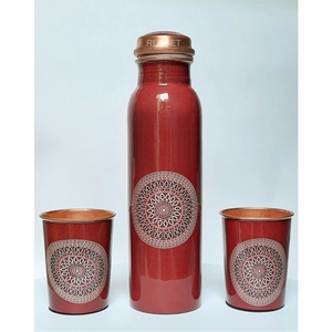 Wholesale Pure Copper Water <b>Bottle</b> Set Printed Drinkware Luxury Copper <b>Flask</b> with 2 Glasses Ayurvedic Health Gift Set <b>Bottle</b> - Product Image 1