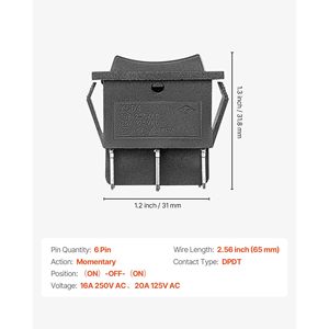 Interrupteur à bascule DPDT momentané à 6 broches, 3 positions (ON)-Off-(ON), interrupteur de réversal de polarité, AC 250V/16A 125V/20A, interrupteurs à bascule - Product Image 2