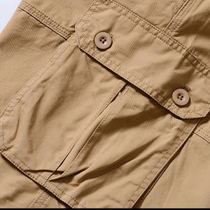 Men's Khaki Cargo Shorts Mid Waist Button Fly Solid Color Casual Bermuda Style With Multiple Pockets Canvas Fabric - Product Image 6