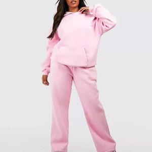 Econex Sports Women Plus Size <b>Pink</b> Hooded <b>Tracksuit</b> Set Full Length Regular Fit Side Pockets Solid Color Casual Autumn Wear - Product Image 1