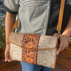 New Hand-Tooled Leather Large Clutch <b>Women's</b> Crossbody Bag Western Boho <b>Hair</b> on Cowhide Hand Stitch Genuine Leather Floral Purse - Product Image 3