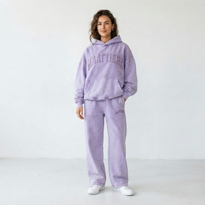 Ensemble survêtement streetwear personnalisé pour femme, comprenant un sweat à capuche oversize violet délavé avec fermeture éclair et un pantalon de survêtement large en molleton de coton, OEM ODM - Product Image 1