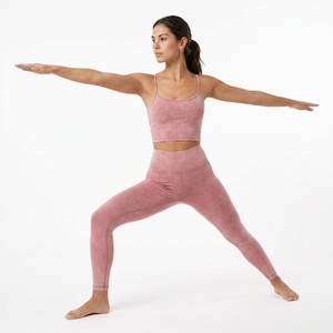 Women Pink Seamless <b>Crop</b> Top High Waist Full Length <b>Leggings</b> Yoga Set Spandex Polyester 2 Piece Activewear - Product Image 3