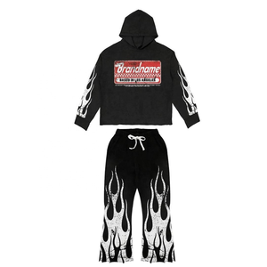 Ensemble de survêtement personnalisé avec imprimé flamme, sweat à capuche et pantalon à cordon de serrage, unisexe, style streetwear, tenue décontractée de printemps - Product Image 2