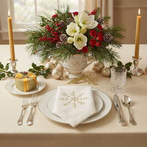 Servilletas de Lino Bordadas con Copos de Nieve, Servilletas de Mesa de Alta Calidad con Dobladillo, para Hogar, Hotel, Bodas y Festividades, Venta al Por Mayor Personalizada - Product Image 1
