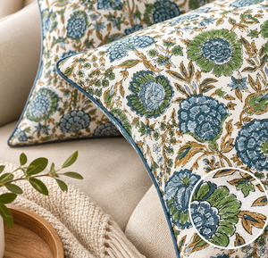 Fundas de Almohada Acolchadas con Estampado de Bloques 100% Algodón, 16x16 Pulgadas, Juego de 2, Venta al Por Mayor |   Cojín Decorativo Boho-Chic con Estampado Floral Azul Verde - Product Image 2