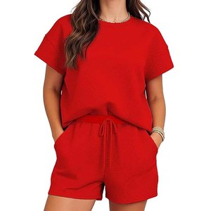 Women's Red <b>Knitted</b> 2-Piece Shorts <b>Set</b> O-Neck Short Sleeve Loose Fit Casual Summer Outfit Solid Color Breathable Daily Wear - Product Image 1