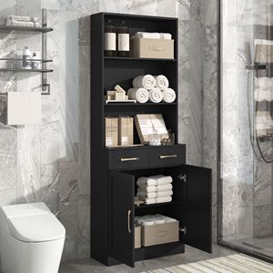 Mobiletto da Bagno con Due Ante e Cassetti, Ripiano Regolabile, Mensola Aperta a Tre Livelli, Arredamento in MDF Resistente - Product Image 2