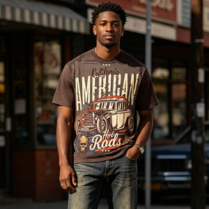 T-shirt Col Rond Oversize en Coton Tricoté Épais Style Vintage American Hot Rod Personnalisé pour Homme Streetwear Écologique Séchage Rapide - Product Image 2