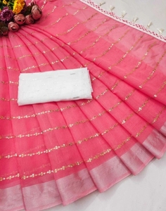 Sari de lino y algodón Banarasi adornado KV - Product Image 6