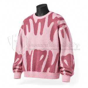 Pink Oversized Knit Pullover Crewneck <b>Sweater</b> with Abstract Print Unisex Autumn Wear Regular Fit Acrylic Material - Product Image 3