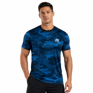 Men's Custom Blue Camo Gym T-Shirt Quick Dry Performance Fitness Short Sleeve Compression Top Breathable Athletic Workout <b>Tee</b> - Product Image 4