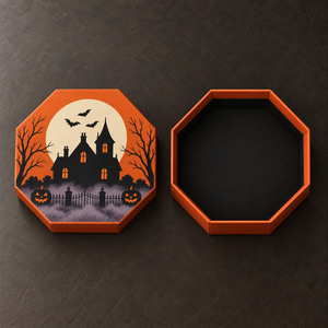 Boîte cadeau rigide octogonale personnalisée pour Halloween avec couvercle, emballage imprimé maison hantée pour bonbons et cadeaux - Product Image 5