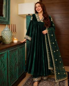 Designer Zari Embroidery Work <b>Velvet</b> <b>Top</b> With Bottom And Dupatta Fully Stitched Ready To Wear Set - Product Image 3