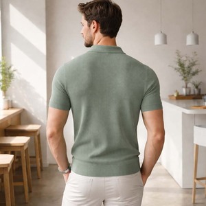 Polo de punto gofrado personalizado para hombre, verde salvia, manga corta, mezcla de algodón texturizado, corte ajustado informal, estilo urbano de verano - Product Image 5