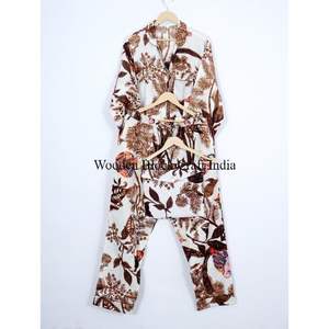 ชุดนอนผ้าฝ้ายออร์แกนิคพิมพ์ลายนกฮูกเขตร้อน แขนยาว สไตล์วินเทจ ชุดนอนลำลองเข้าชุดกัน สไตล์โบโฮ สำหรับนอนหลับ - Product Image 5