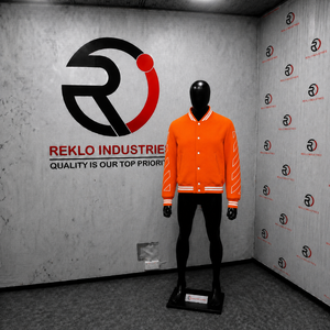 PREMIUM ORANGE VARSITY <b>JACKET</b> FOR <b>MEN</b> With <b>White</b> Geometric Pattern On Sleeves Turn-down Collar Casual Style STYLISH DAILY WEAR - Product Image 3