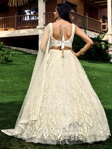 <b>White</b> Embroidered Tulle Ball Gown Bridesmaid Dress Backless Spaghetti Strap Floor-Length Natural Waistline Classic Style - Product Image 4