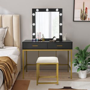 Black Steel Frame Dressing Table with Single Mirror 2 Drawers Light Bulbs-Makeup Vanities - Product Image 1
