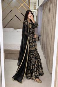 Women's Black Floral Embroidered <b>Kurta</b> Set With Gold Trim Floor-Length Traditional <b>Indian</b> Pakistani Wear All Seasons - Product Image 5