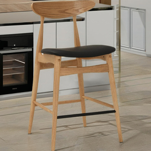 Durable Counter Chair Backrest Natural Malaysian Oak Frame PU <b>Leather</b> Seat Model Counter <b>Stool</b> Minimalist Modern Design - Product Image 1