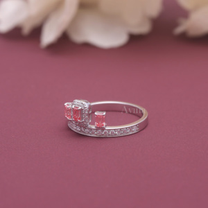 IGI Certified Fancy <b>Pink</b> Lab Grown Diamond Three Stone Ring 9K White / Rose & Yellow Gold Emerald Cut Halo Ring for Women - Product Image 3
