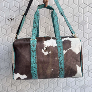 กระเป๋าเดินทางหนังวัวแท้กระเป๋าใช้หลายแบบกระเป๋าทําด้วยมือกระเป๋าเดินทาง Unisex ขนาดใหญ่สีเทอร์ควอยซ์ผมบนกระเป๋าถือขนซ่อน - Product Image 1