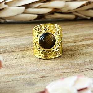 New Arrival Vintage Tiger Eye <b>Ring</b> Boho Brass Band Women 18k Gold Plated Filigree Wide Cigar <b>Statement</b> <b>Ring</b> for Wholesale/OEM - Product Image 1