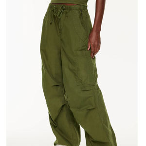 Women's High Waist Cargo Pants Solid Olive Green Loose Fit Drawstring Full Length Utility Style Spring Wear - Product Image 3