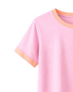 Ensemble de détente rose pour femme, t-shirt à manches courtes et short avec bordure contrastante pêche, tenue deux pièces en mélange de coton doux et respirant - Product Image 4