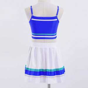 Uniforme de cheerleading bleu et blanc à blocs de couleur avec strass, haut sans manches et jupe plissée, ensemble deux pièces en Spandex/Polyester - Product Image 4