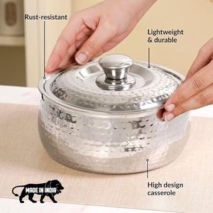 Casserole en acier inoxydable avec couvercle, 24 cm, design martelé, durable, compatible gaz et induction, lavage à la main uniquement - Product Image 6