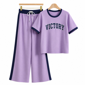 Womens Casual 2 Piece Lounge Set Cotton Blend T Shirt and Wide Leg <b>Pants</b> Matching Outfit <b>Summer</b> Comfort Tracksuit Beige Black - Product Image 5