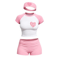 Ensemble 2 pièces rose uni pour femme : haut à manches raglan, short à taille repliable, bandeau, en coton et élasthanne respirant, coupe ajustée, idéal pour l'été