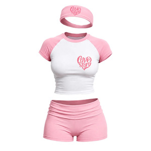 Women Pink Design 3 Piece Shorts Set <b>Raglan</b> Sleeve Crop <b>Top</b> Foldover Waist Headband Breathable Cotton Spandex Summer Loungewear - Product Image 1