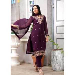 Costume en Georgette pour Femme Designer Brodé avec des Travaux de Séquence Complexes - Product Image 1